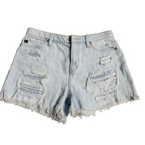 KanCan High Rise Distressed Denim Shorts Light Wash Frayed Hem KC9068L Size 7/27